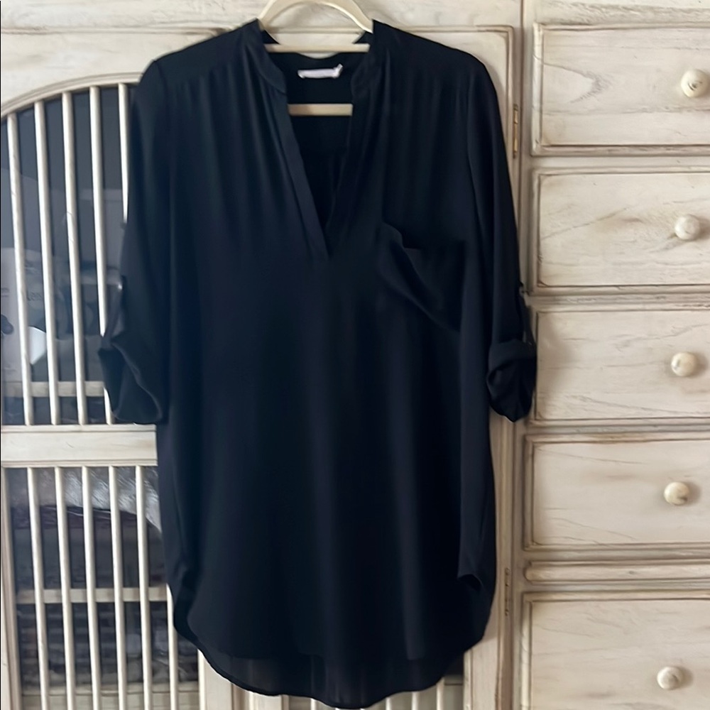 Lush Black Cuffed Sleeve Mandarin Collar Blouse